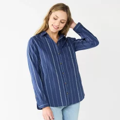Women's Sonoma Goods For Life® Essential Everyday Button-Down Shirt -SONOMA Store 4991213 Blue Multi Stripe
