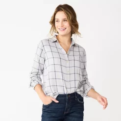 Women's Sonoma Goods For Life® Essential Everyday Button-Down Shirt -SONOMA Store 4991213 Gray Blue Plaid