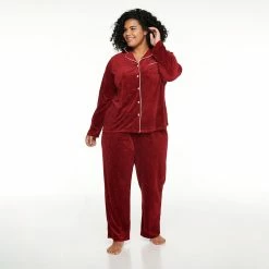 Plus Size Sonoma Goods For Life® Velour Pajama Shirt & Pajama Pants Set -SONOMA Store 5033014 Red Embossed Heart