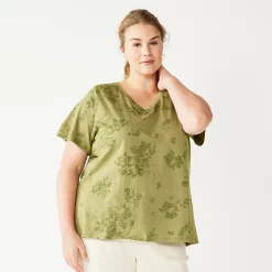 Plus Size Sonoma Goods For Life® Everyday V-Neck Tee -SONOMA Store 5232145 Green Floral