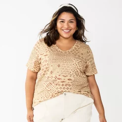 Plus Size Sonoma Goods For Life® Everyday V-Neck Tee -SONOMA Store 5232145 Tan Geo Ikat