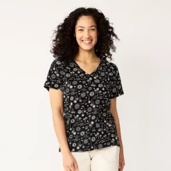 Petite Sonoma Goods For Life® Everyday Short Sleeve V-Neck Tee -SONOMA Store 5234230 Black Sun Trees