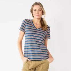 Petite Sonoma Goods For Life® Everyday Short Sleeve V-Neck Tee -SONOMA Store 5234230 Navy Multi Stripe