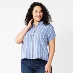 Plus Size Sonoma Goods For Life® Short Sleeve Button Down Top -SONOMA Store 5258112 Blue Happy Stripe