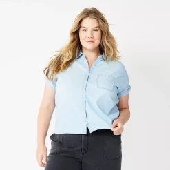 Plus Size Sonoma Goods For Life® Short Sleeve Button Down Top -SONOMA Store 5258112 Light Wash Chambray
