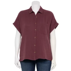 Plus Size Sonoma Goods For Life® Short Sleeve Button Down Top -SONOMA Store 5258112 Plum Prune