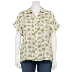 Plus Size Sonoma Goods For Life® Short Sleeve Button Down Top -SONOMA Store 5258112 Sage Triangle Dye