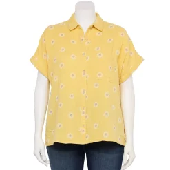 Plus Size Sonoma Goods For Life® Short Sleeve Button Down Top -SONOMA Store 5258112 Yellow Textured Daisy