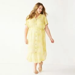 Plus Size Sonoma Goods For Life® Button Front Midi Shirt Dress -SONOMA Store 5317244 Citron Dots