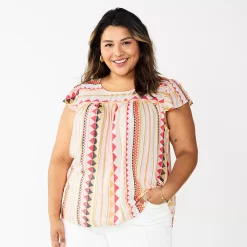 Plus Size Sonoma Goods For Life® Short Sleeve Yoke Front Top -SONOMA Store 5511621 Peach Triangle Stripe