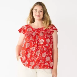 Plus Size Sonoma Goods For Life® Short Sleeve Yoke Front Top -SONOMA Store 5511621 Red Floral
