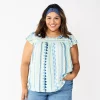 Plus Size Sonoma Goods For Life® Short Sleeve Yoke Front Top -SONOMA Store 5511621 Teal Trangle Stripe