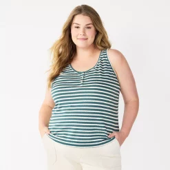 Plus Size Sonoma Goods For Life® Striped Henley Tank -SONOMA Store 5528667 Green Cream Stripe