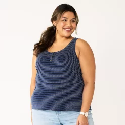 Plus Size Sonoma Goods For Life® Striped Henley Tank -SONOMA Store 5528667 Navy Blue Stripe