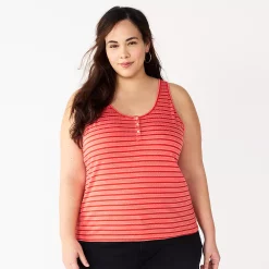 Plus Size Sonoma Goods For Life® Striped Henley Tank -SONOMA Store 5528667 Red Coral Stripe