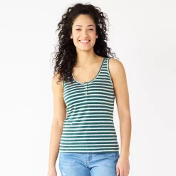 Women's Sonoma Goods For Life® Striped Henley Tank Top -SONOMA Store 5529186 Green Cream Stripe