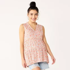 Maternity Sonoma Goods For Life® Tiered Ruffle Neck Top -SONOMA Store 5530140 Red Blue Floral