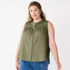 Plus Size Sonoma Goods For Life® Solid Ruffled Button-Front Tank -SONOMA Store 5575169 Olive Night