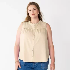 Plus Size Sonoma Goods For Life® Solid Ruffled Button-Front Tank -SONOMA Store 5575169 Paradise Sand