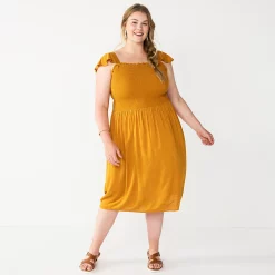 Plus Size Sonoma Goods For Life® Smocked Bodice Midi Dress -SONOMA Store 5584078 Gold