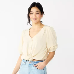 Women's Sonoma Goods For Life® Pleated Elbow-Sleeve Blouse -SONOMA Store 5584778 Beige