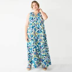 Plus Size Sonoma Goods For Life® Tiered Maxi Dress -SONOMA Store 5584786 Blue Floral