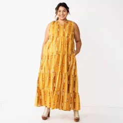 Plus Size Sonoma Goods For Life® Tiered Maxi Dress -SONOMA Store 5584786 Gold Ikat Stripe