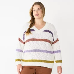 Plus Size Sonoma Goods For Life® Long Sleeve V-Neck Sweater -SONOMA Store 5585496 Beige Stripe