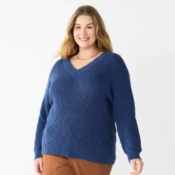 Plus Size Sonoma Goods For Life® Long Sleeve V-Neck Sweater -SONOMA Store 5585496 Blue