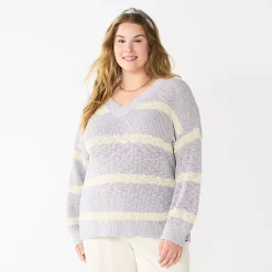 Plus Size Sonoma Goods For Life® Long Sleeve V-Neck Sweater -SONOMA Store 5585496 Gray Stripe