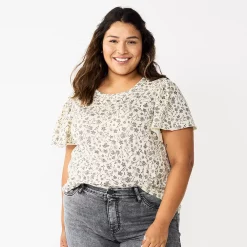 Plus Size Sonoma Goods For Life Seamed Flutter Sleeve Top -SONOMA Store 5588211 Cream Black Floral
