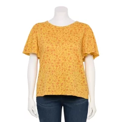Plus Size Sonoma Goods For Life Seamed Flutter Sleeve Top -SONOMA Store 5588211 Gold Red Floral