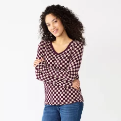 Women's Sonoma Goods For Life® Everyday V-Neck Long Sleeve Tee -SONOMA Store 5625801 Berry Checkerboard