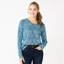 Women's Sonoma Goods For Life® Everyday V-Neck Long Sleeve Tee -SONOMA Store 5625801 Blue Floral