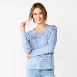 Women's Sonoma Goods For Life® Everyday V-Neck Long Sleeve Tee -SONOMA Store 5625801 Blue Patchwork