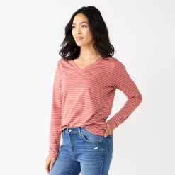 Women's Sonoma Goods For Life® Everyday V-Neck Long Sleeve Tee -SONOMA Store 5625801 Mauve Stripe