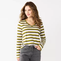 Women's Sonoma Goods For Life® Everyday V-Neck Long Sleeve Tee -SONOMA Store 5625801 Olive Stripe