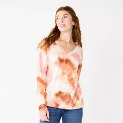 Women's Sonoma Goods For Life® Everyday V-Neck Long Sleeve Tee -SONOMA Store 5625801 Pink Neutral Tie Dye