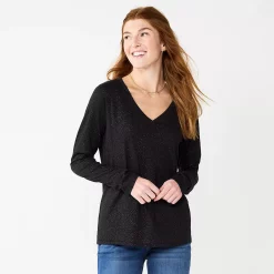 Women's Sonoma Goods For Life® Everyday V-Neck Long Sleeve Tee -SONOMA Store 5625801 Shine Black