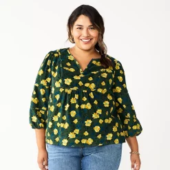 Plus Size Sonoma Goods For Life® Notchneck Long Sleeve Top -SONOMA Store 5661416 Green Yellow Floral