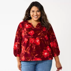 Plus Size Sonoma Goods For Life® Notchneck Long Sleeve Top -SONOMA Store 5661416 Large Red Floral