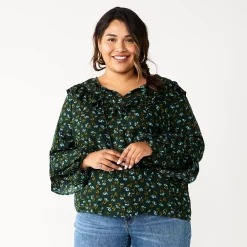 Plus Size Sonoma Goods For Life® Ruffle Peasant Top -SONOMA Store 5662063 Dark Green Mini Floral