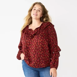 Plus Size Sonoma Goods For Life® Ruffle Peasant Top -SONOMA Store 5662063 Red Mini Floral