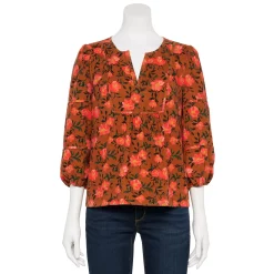 Petite Sonoma Goods For Life® Notchneck Sleeve Piecing Top -SONOMA Store 5664273 Brown Coral Floral