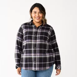 Plus Size Sonoma Goods For Life® Everyday Flannel Shirt -SONOMA Store 5664645 Black Purple Plaid