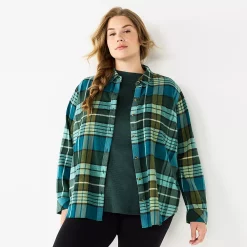 Plus Size Sonoma Goods For Life® Everyday Flannel Shirt -SONOMA Store 5664645 Dark Green Blue Plaid