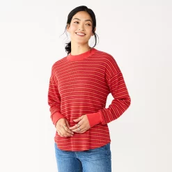 Women's Sonoma Goods For Life® Mockneck Waffle Top -SONOMA Store 5672315 Red Orange Stripe
