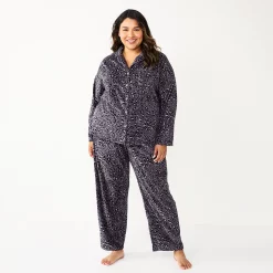 Plus Size Sonoma Goods For Life® Velour Pajama Shirt & Pajama Pants Sleep Set -SONOMA Store 5675146 Black Leopard