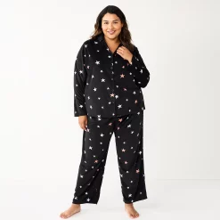 Plus Size Sonoma Goods For Life® Velour Pajama Shirt & Pajama Pants Sleep Set -SONOMA Store 5675146 Black Starry