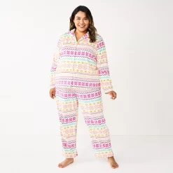 Plus Size Sonoma Goods For Life® Velour Pajama Shirt & Pajama Pants Sleep Set -SONOMA Store 5675146 Ivory Fun Fisle